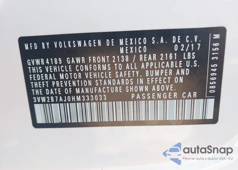 2017 Volkswagen Jetta 1.4T S from USA, damaged, VIN 3VW2B7AJ0HM333033